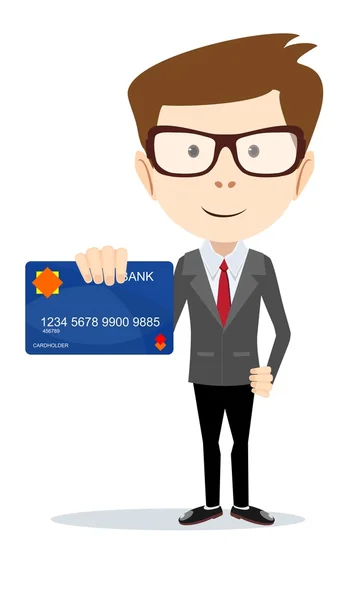Empresario sosteniendo una tarjeta bancaria - ilustración vectorial — Vector de stock