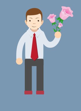 Buket pembe Gül çiçek tutan işadamı el.