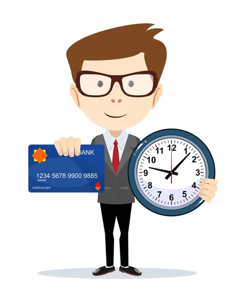 Empresario con tarjeta de crédito y reloj — Vector de stock