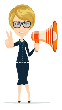 Kadın messenger Başmüzakereci zafer işaret gösteren bir hoparlör boynuz ile