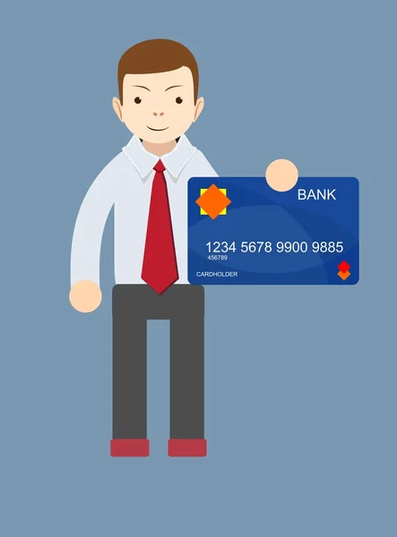 Hombre sosteniendo una tarjeta bancaria - ilustración vectorial — Vector de stock