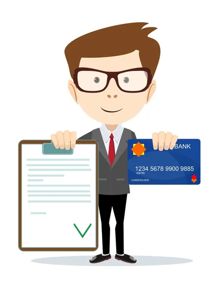 Man with an approved contract and credit cards — Stock Vector