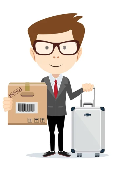 Young man with bag and box over white background. — Stock Vector