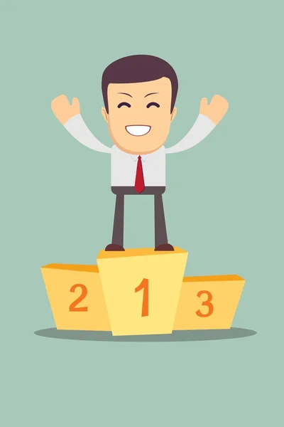 Businessman winner standing in first place on a podium — Stock Vector