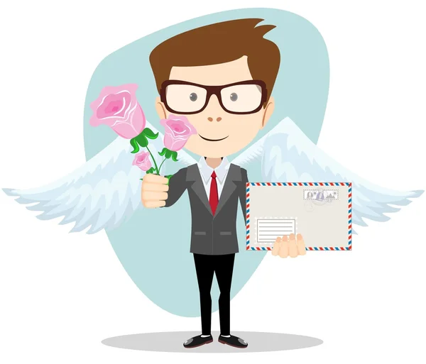 Postman with wings and flowers, vector illustration — Stock Vector