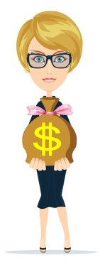 Bir çanta dolar, altın para ile başarılı işkadını. Vektör çizim