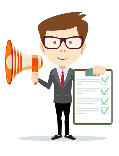 Businessman holding the document approved and talking into a megaphone. — Stock Vector