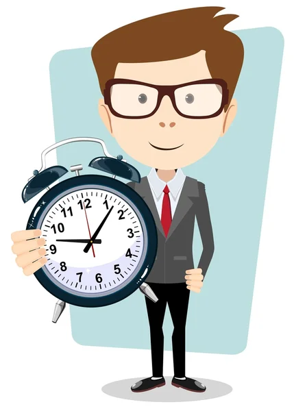 Empresario sosteniendo un reloj, ilustración vectorial — Vector de stock