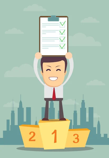 Businessman holding up winning Document in Which All Approved — Stock Vector