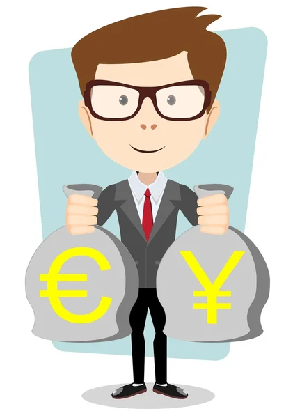 Van een gelukkige jonge cartoon zakenman met zak vol geld euro. Vectorillustratie — Stockvector