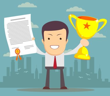 Man proudly standing holding up winning trophy and showing an award certificate. Flat style clipart