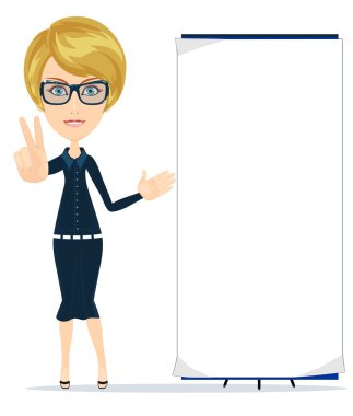 Business women is pointing to big blank paper