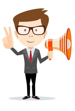 Handsome businessman shouting in loudspeaker over white background