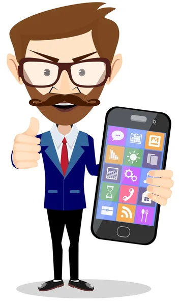 Flat cartoon hipster character - businessman with phone — Stock Vector