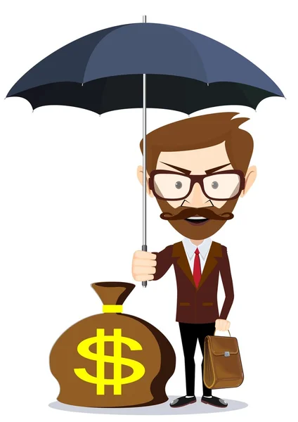 Επιχειρηματίας με ομπρέλα στέκεται και προστατεύει μια χρήματα. Οικονομική ασφάλεια — Διανυσματικό Αρχείο
