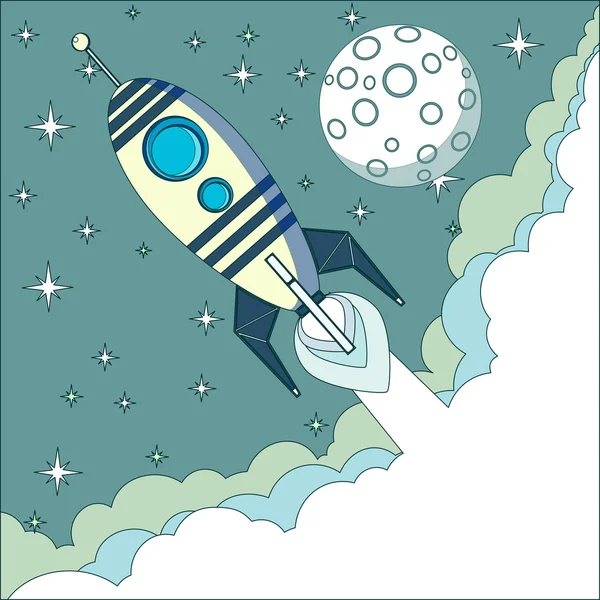 Space rocket flying in space with moon and stars on background print — Stock Vector