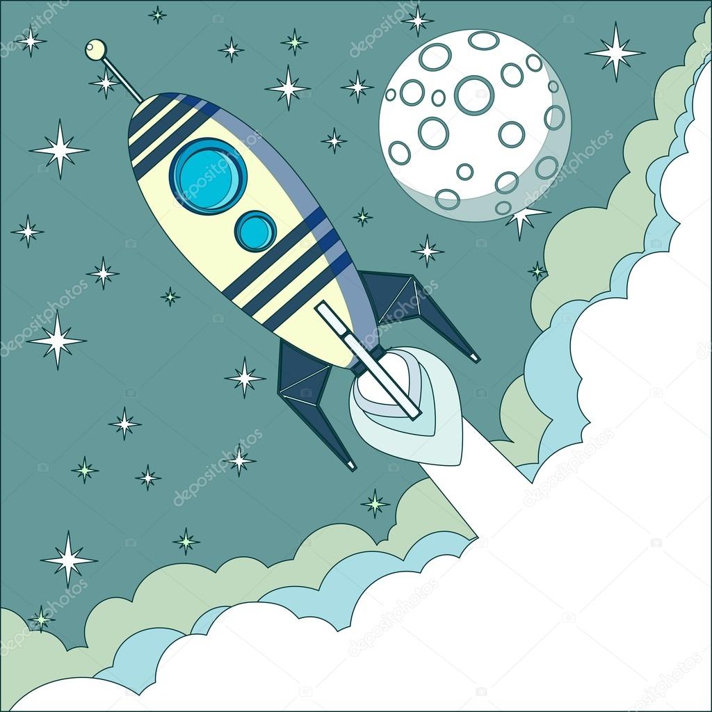 Space rocket flying in space with moon and stars on background print 