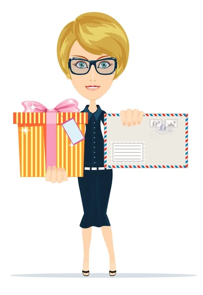 Mujer con carta y regalos — Vector de stock