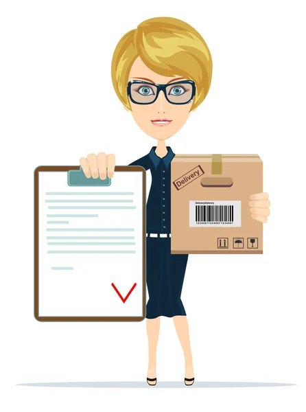 Pretty delivery woman with parcel and receiving paper for signing — Stock Vector