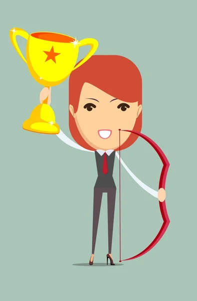 Business woman holding up winning trophy and bow. — Stock Vector
