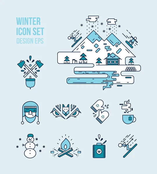 Juegos de iconos de invierno y leñador — Vector de stock