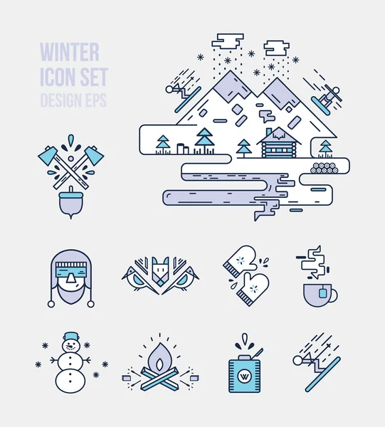 Juegos de iconos de invierno y leñador — Vector de stock