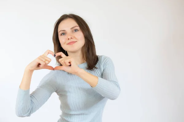 Porträt Eines Jungen Hübschen Mädchens Blauen Pullover Das Mit Dem — Stockfoto