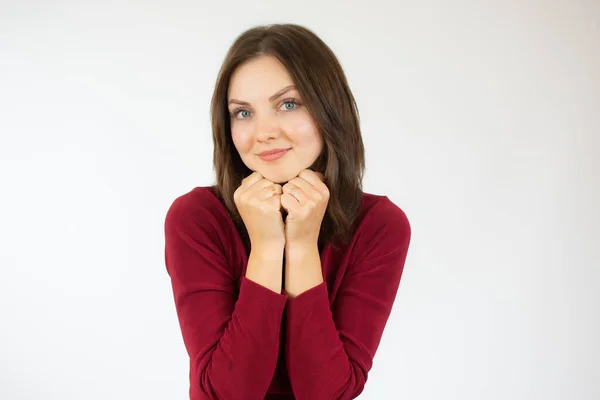 Portrait Pretty Young Girl Red Sweater Hugging Herself Concept Selfish Royalty Free Stock Photos