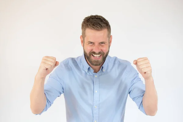 Feliz Ganador Feliz Joven Guapo Hombre Haciendo Gestos Manteniendo Boca — Foto de Stock