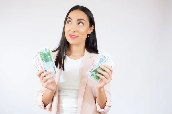 Foto Mulher Negócios Muito Alegre Isolado Sobre Fundo Branco Segurando — Fotografia de Stock