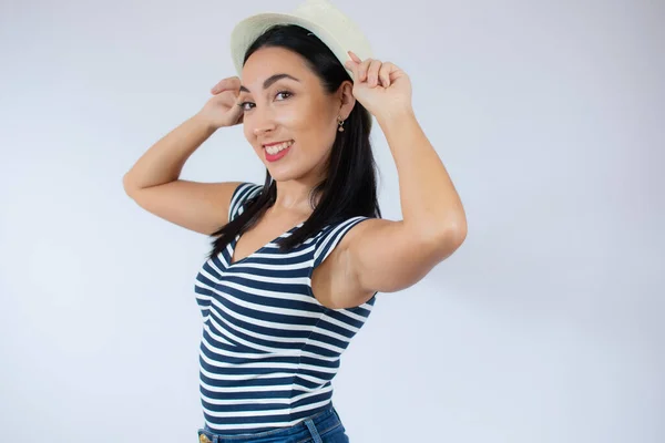 Young Beautiful Woman Wearing Straw Hat Striped Shirt Smiling White — Stock Photo, Image