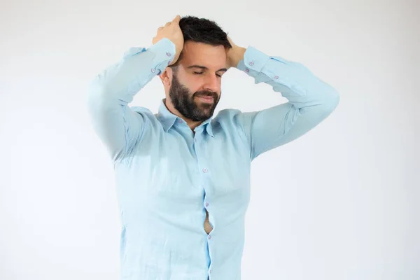 Hombre Joven Con Camisa Azul Casual Con Gesto Dudoso Sobre — Foto de Stock