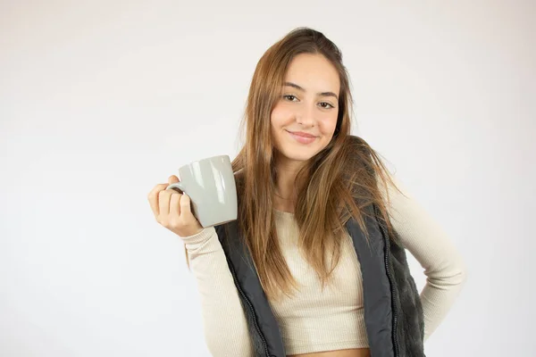 Portrait Photo Nice Cute Girl Holding Cup Coffee Showing Empty — Stock Photo, Image