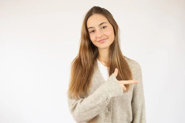 Portrait Cheerful Young Woman Showing Two Fingers Victory Gesture White — Stockfoto