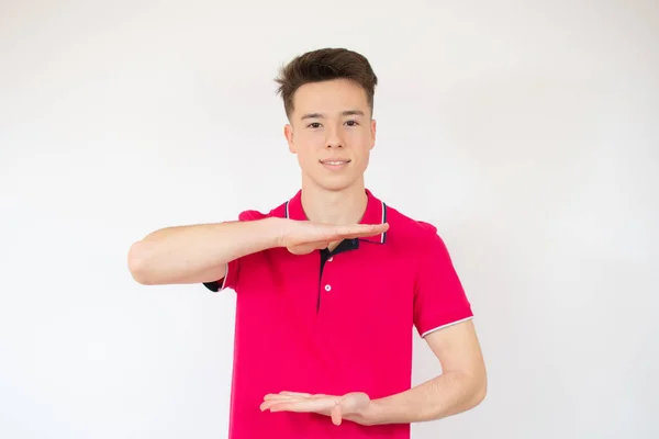 Adolescente Mostra Tamanho Algo Levantando Mão Para Cima Mão Para — Fotografia de Stock