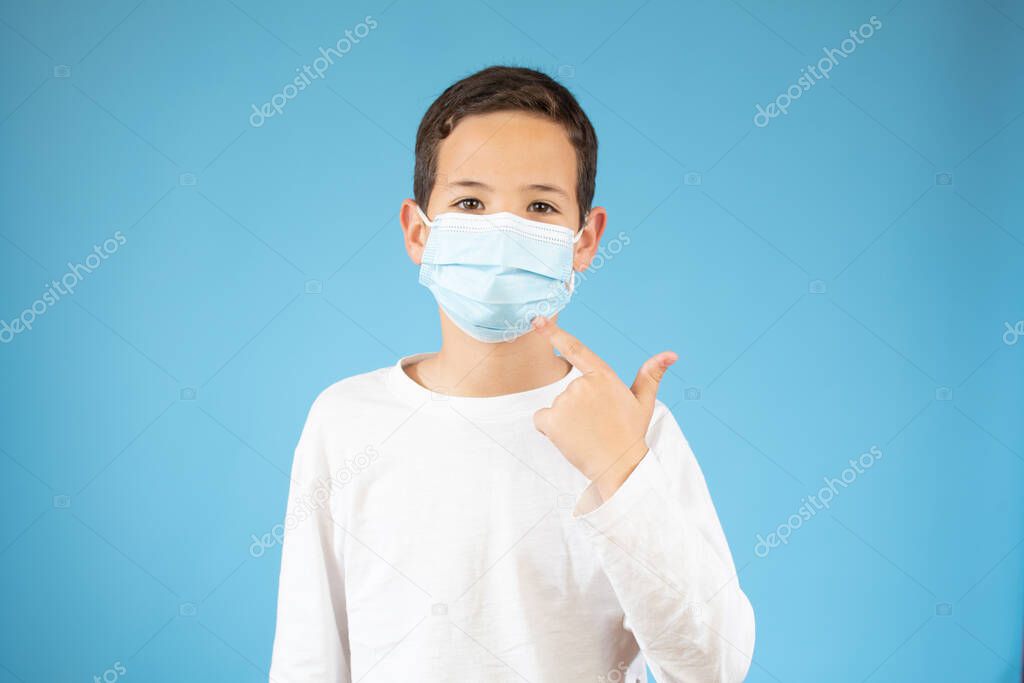 young ten years old boy in medical mask, concept of quarantine and protection from polluted air