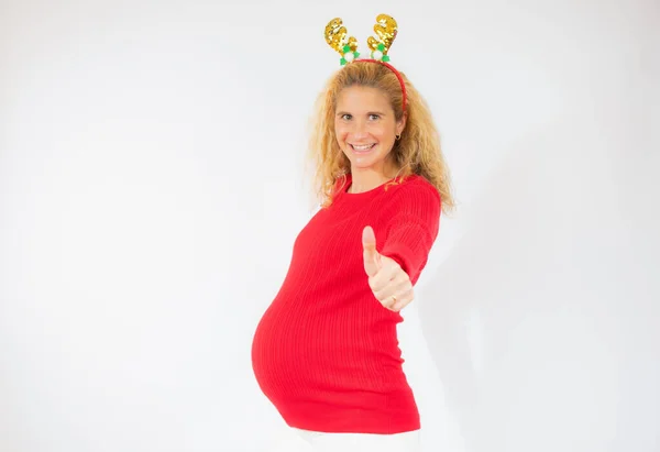 Pregnant Woman Santa Hat Thumb Mom Expecting Baby Isolated White — Stock Photo, Image