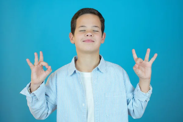 Porträt Eines Friedlichen Netten Kleinen Jungen Der Die Finger Yoga — Stockfoto
