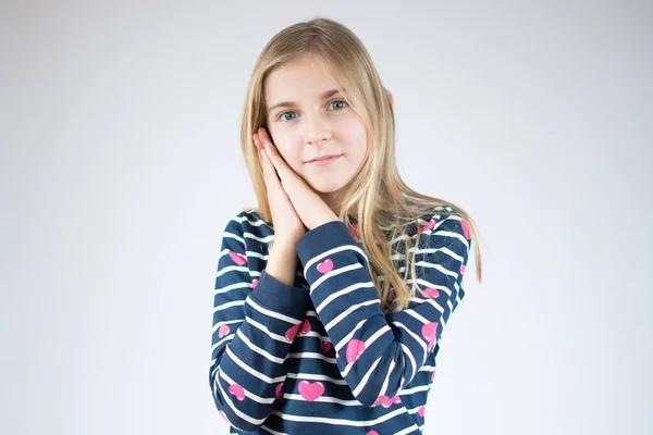 Portrait Cute Little Sleepy Girl Stands White Background Open Eyes — Stock Photo, Image