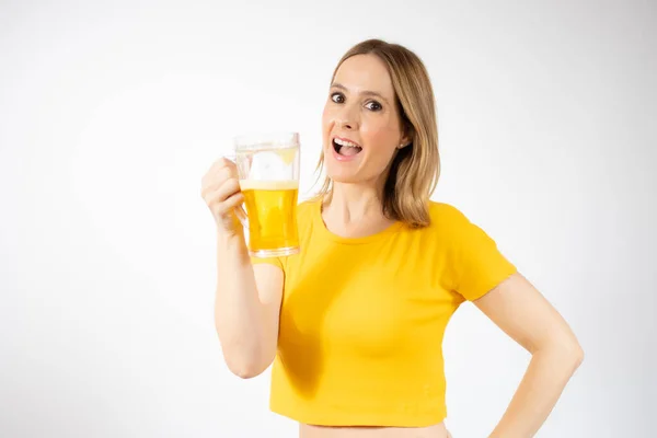 Cheerful Young Woman Holding Beer Mug Full Beer Smiling White — Stock Photo, Image