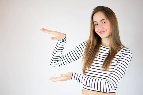 Portrait Smiling Girl Holding Copy Space Her Palm Isolated White — Stock Photo, Image