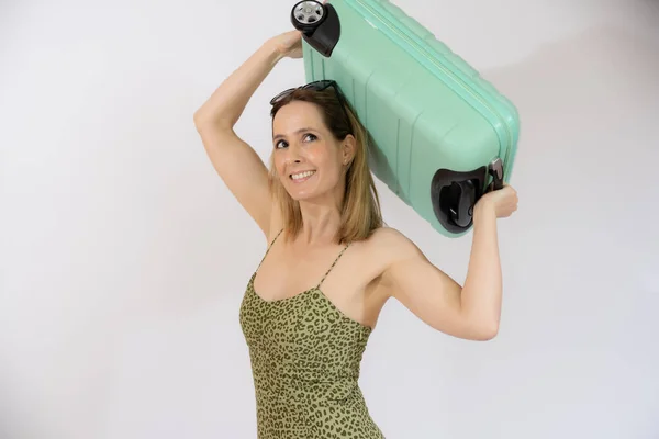 Happy Young Woman Holding Green Suitcase Isolated White Background — Foto Stock