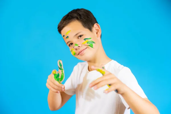 Cute Boy Finger Paint Isolated Blue Background — Fotografia de Stock