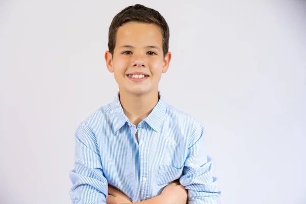 Smiling Little Boy Arms Folded Isolated White Background — Stock Photo, Image