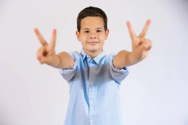 Cute Boy Casual Shirt Showing Victory Sign Isolated White Background — Stockfoto