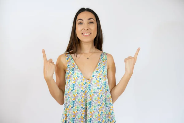 Portrait Beautiful Young Woman Pointing White Background — Stock Photo, Image