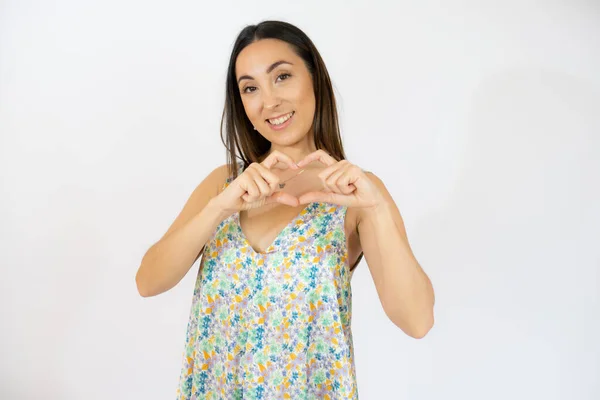 Young Smiling Woman Making Heart Figure Isolated White Background Romantic — Stock Photo, Image