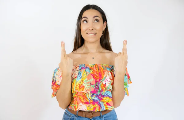 Portrait Smiling Young Woman Showing Fingers Crossed Good Luck Isolated — Stock Photo, Image