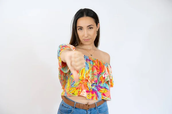 Young Woman Showing Thumb Isolated White Background — Stock Photo, Image