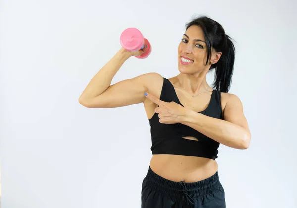 Attractive Young Fitness Woman Holding Dumbbell Isolated White Background — Stock Photo, Image